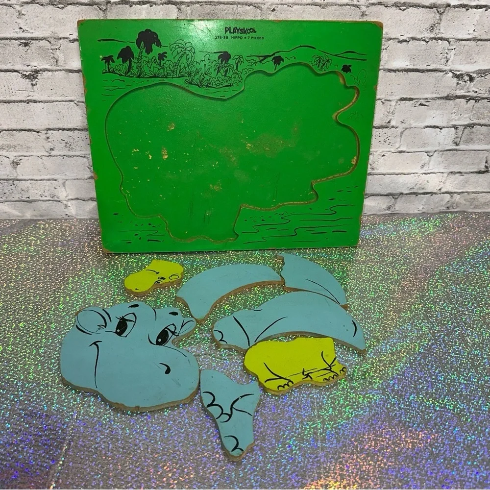 Playskool Vintage HIPPO Wooden 7 Pieces Puzzle Heavy Jigsaw Preschool COMPLETE